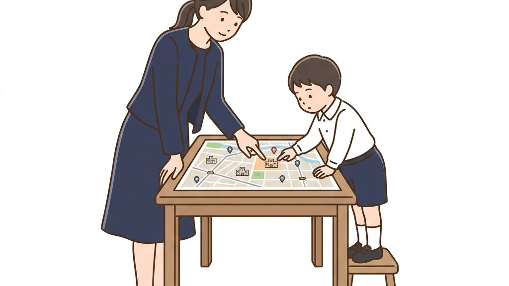 通学ルートを確認する親子