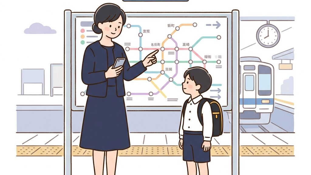 通学ルートを確認する親子