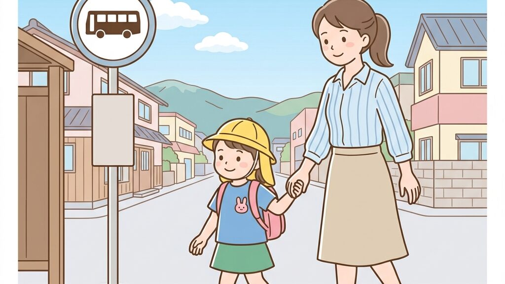 山梨大附属の通園事情で車送迎禁止のため母親と手を繋いでバス停に向かう園児