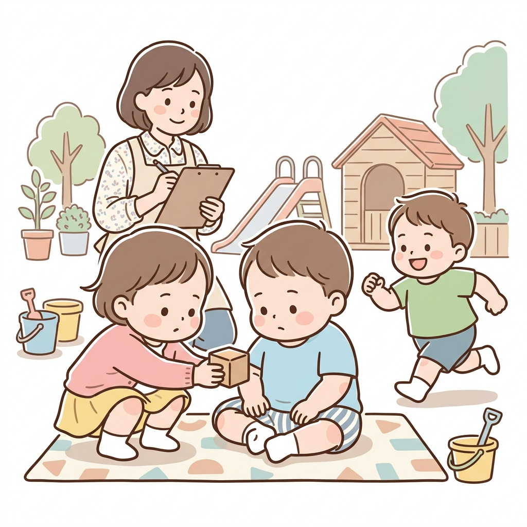 行動観察で遊ぶ幼児と観察する先生
