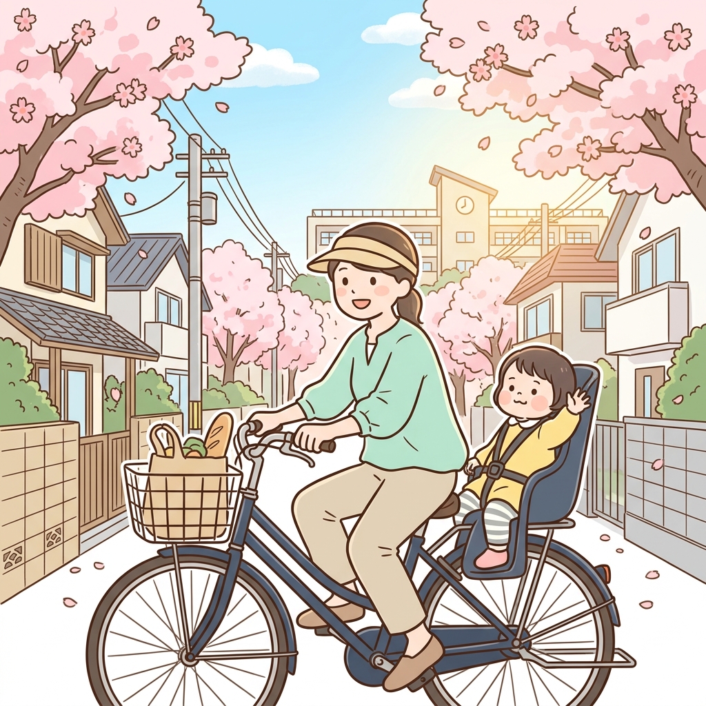 自転車で幼稚園へ送迎する母子