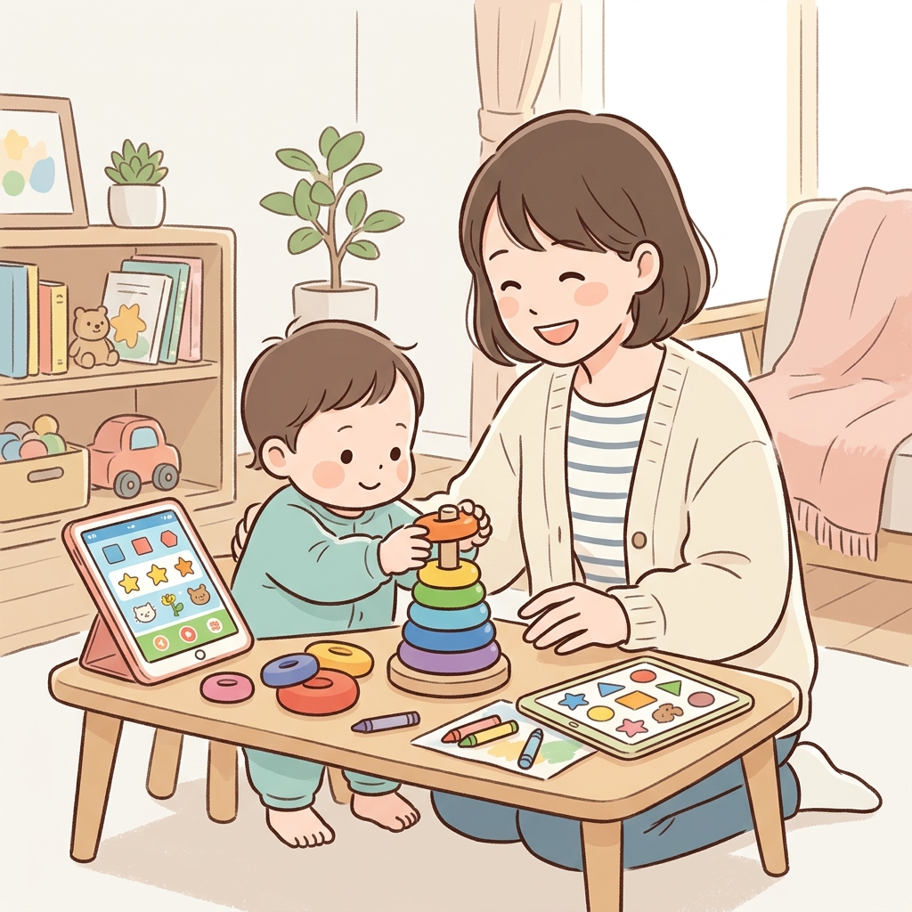 自宅で知育教材に取り組む親子