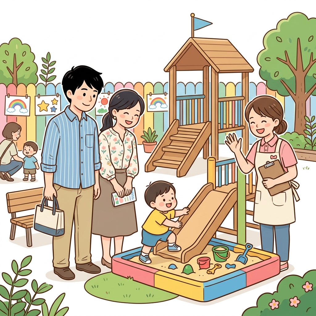 園庭開放で遊具を楽しむ家族と先生