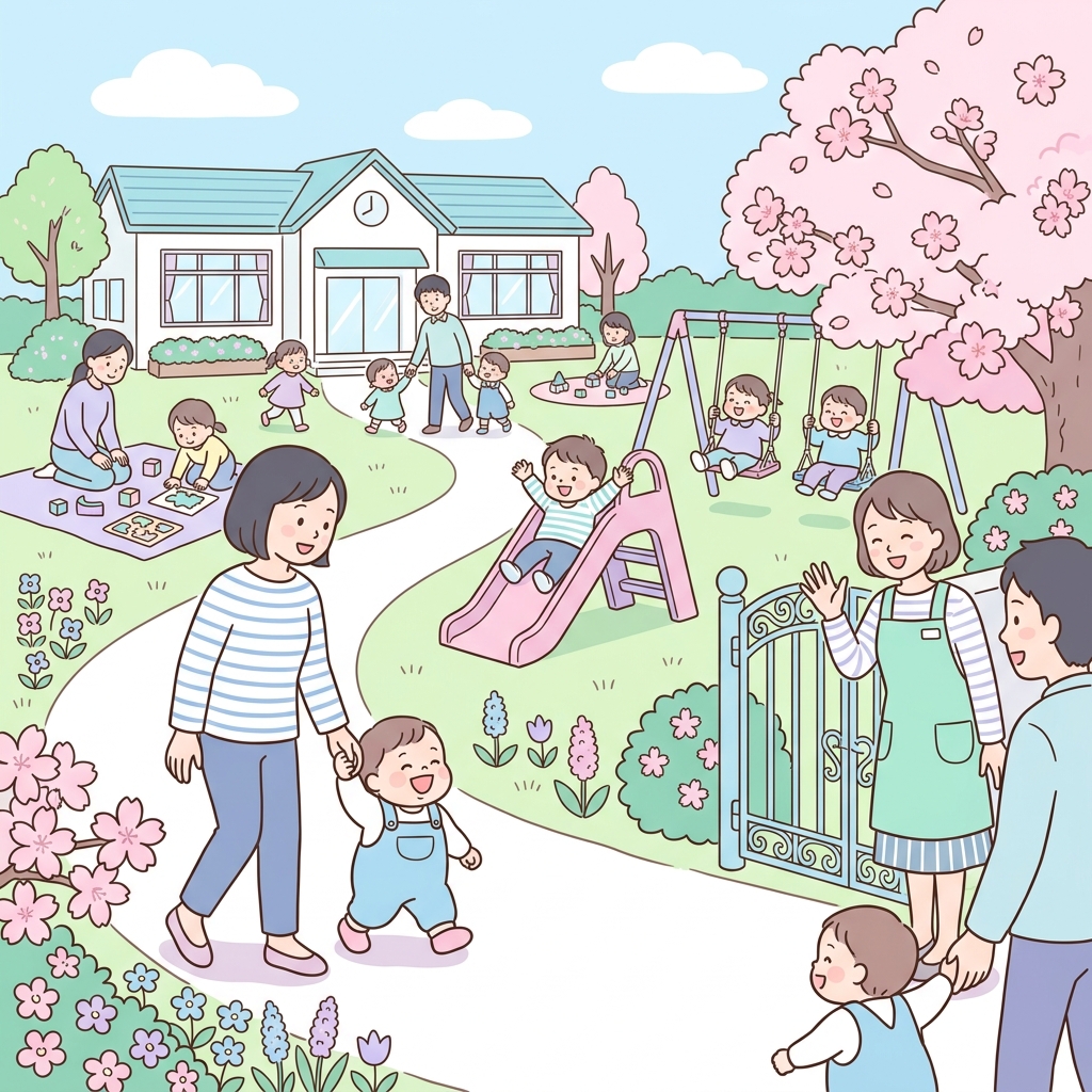 園庭で遊ぶ親子のイラスト