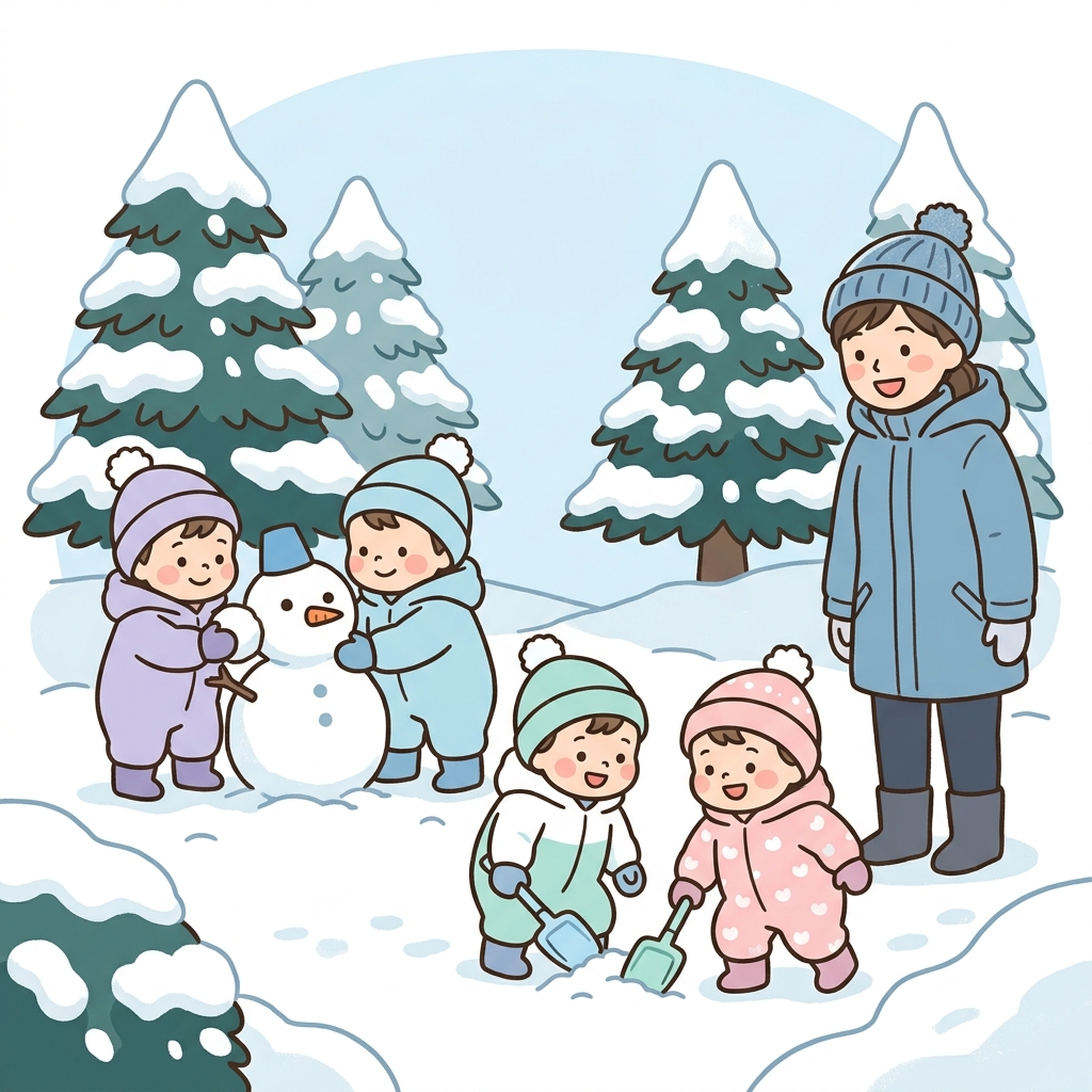 北国の自然の中で遊ぶ子どもたちのイラスト