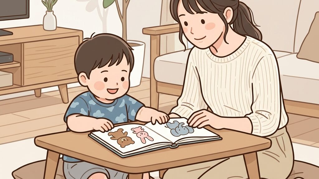 自宅のローテーブルで母親と一緒に笑顔で絵本を広げて受験対策学習をする様子