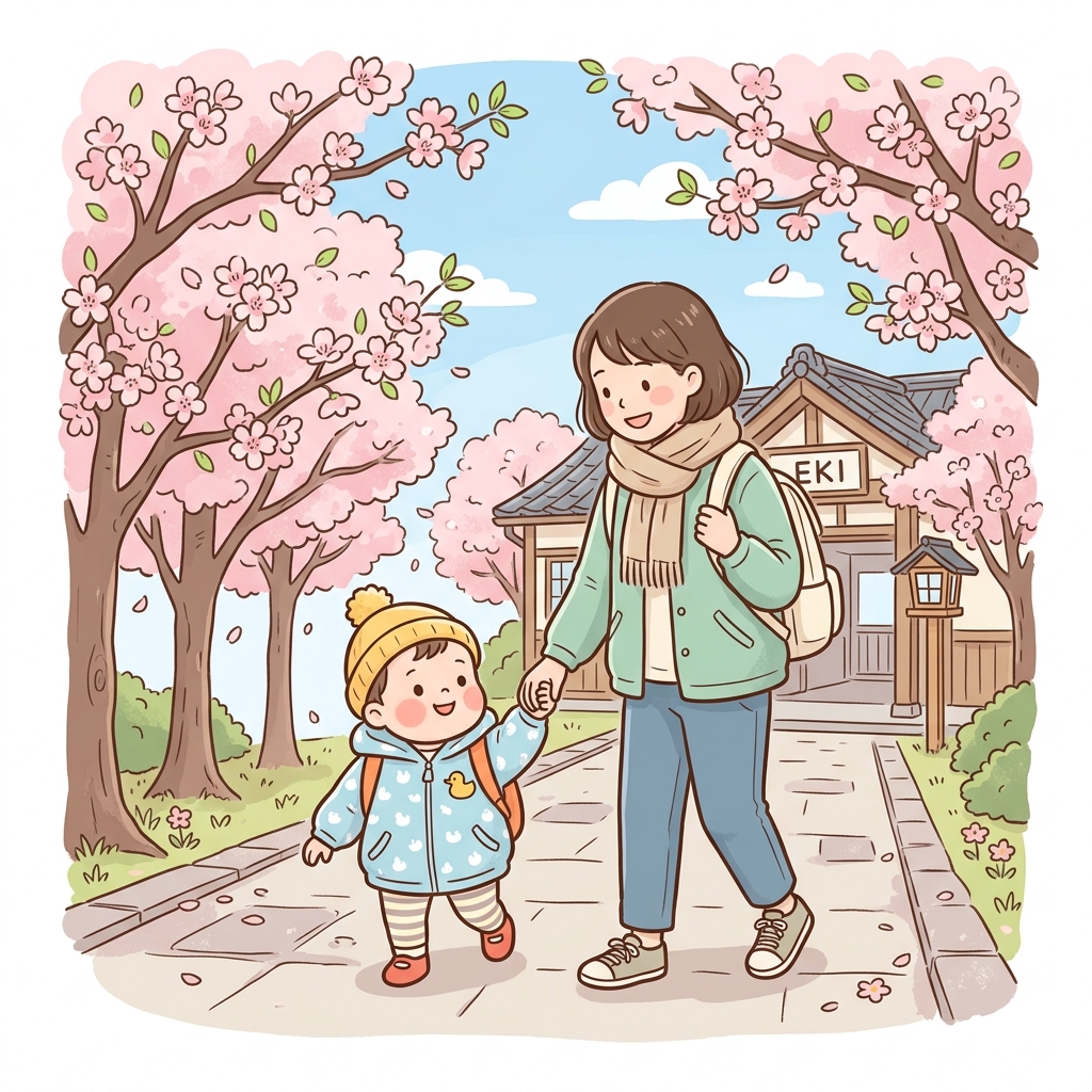 駅まで手をつないで歩く親子のイラスト