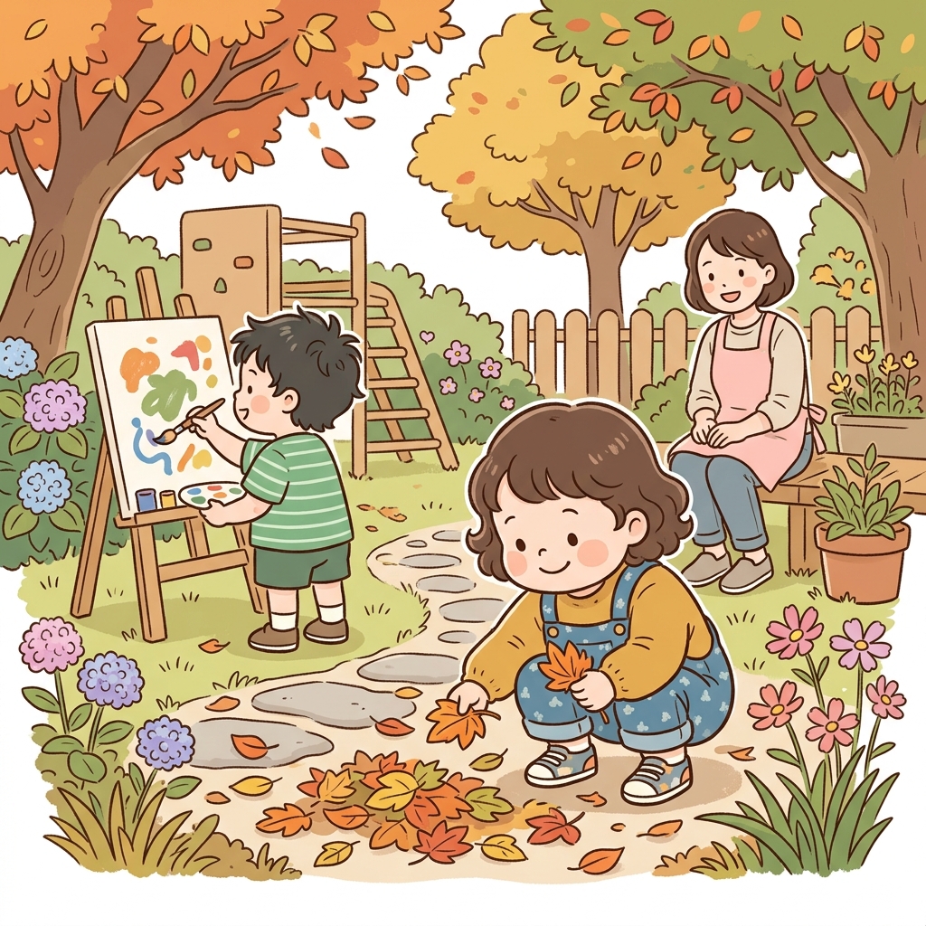 幼稚園の園庭で自由に遊ぶ子どものイラスト