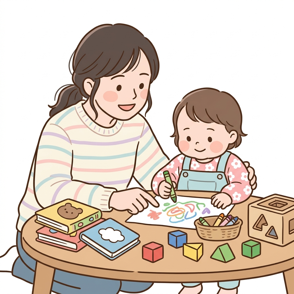 自宅で親子学習をする様子のイラスト