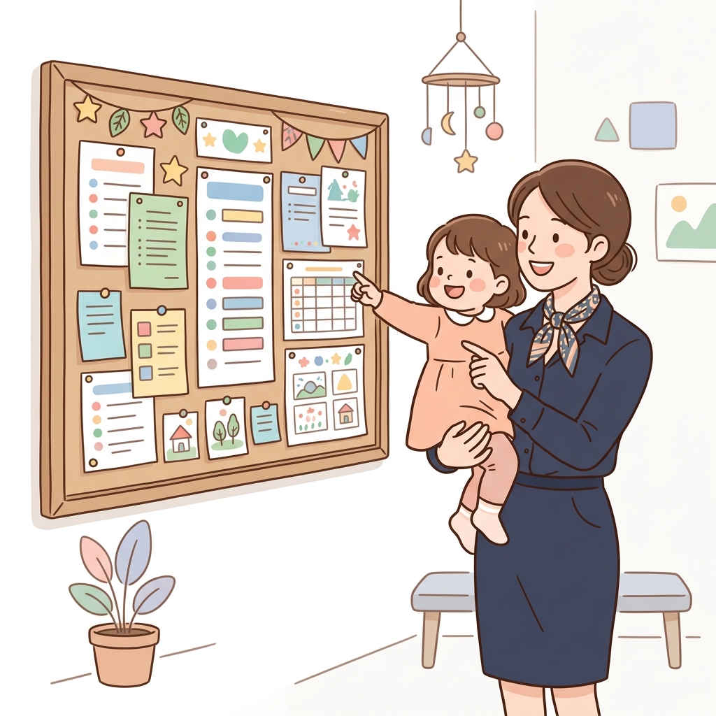 幼稚園の合格発表を見る親子のイラスト