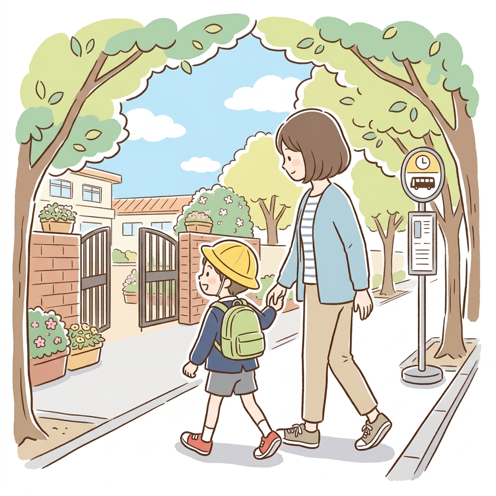 大分大学附属幼稚園へ徒歩で通園する親子