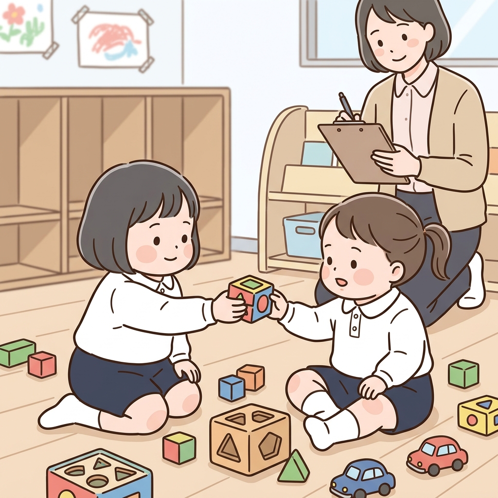 大分大学附属幼稚園の行動観察でおもちゃを共有する幼児
