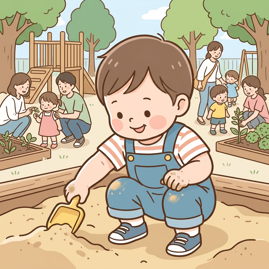 大分大学附属幼稚園のすくすくひろばで砂遊びをする幼児