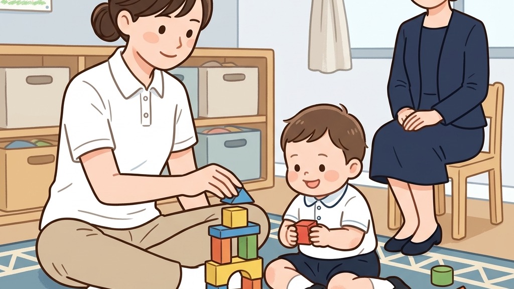 幼児教室で先生と一緒に積み木遊びをする2歳の男の子を見守る母親