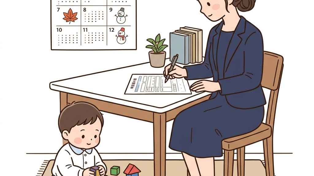 願書を記入する母親の横で積み木遊びをする2歳の男の子