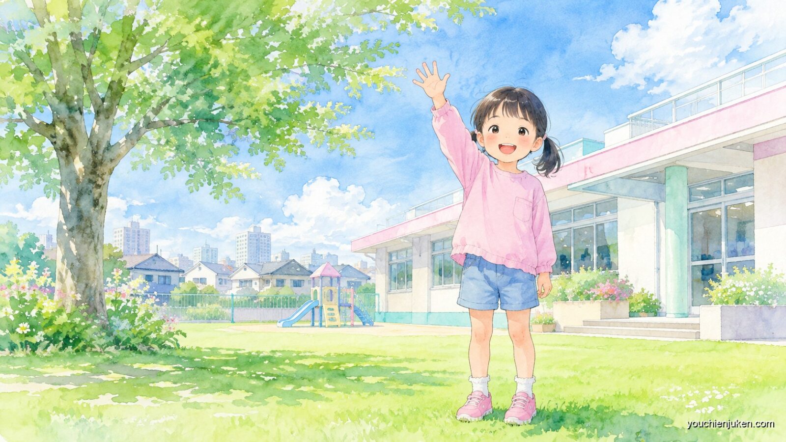 愛知教育大学附属幼稚園の受験に臨む親子のイラスト
