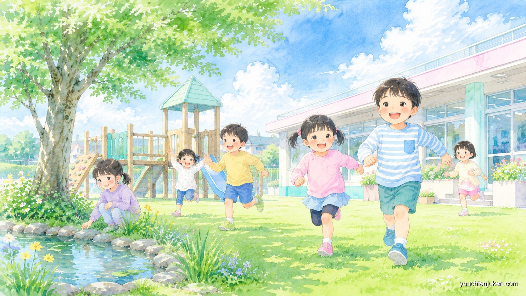 愛知教育大学附属幼稚園の園庭でのびのび過ごす子どもたち
