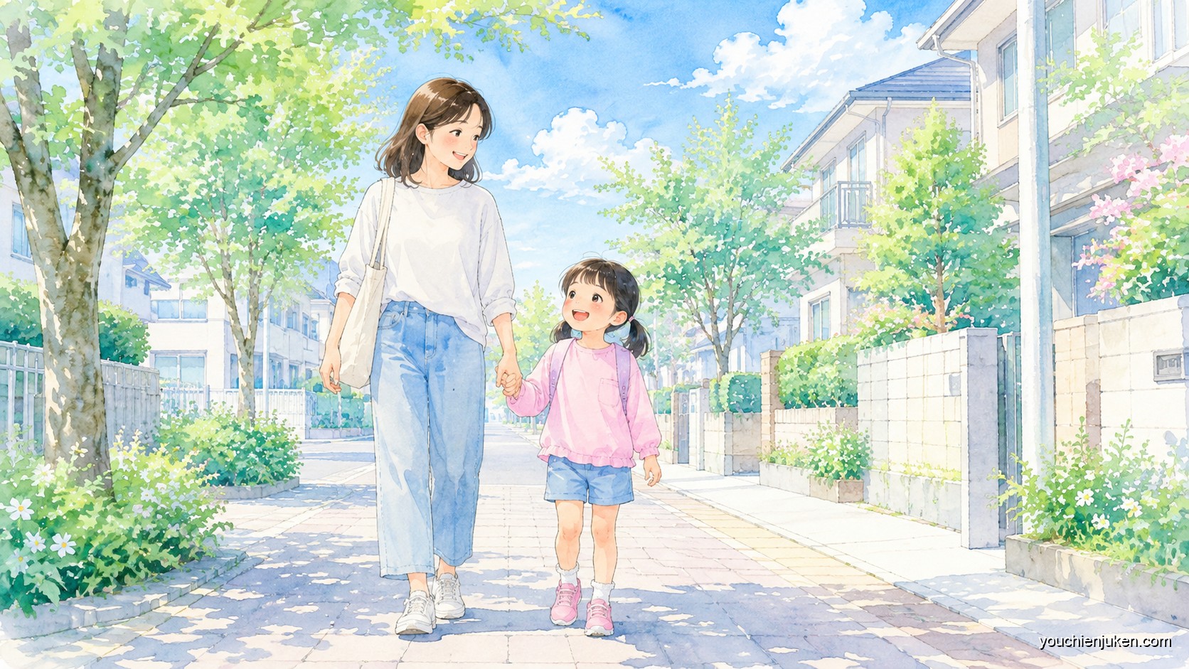愛知教育大学附属幼稚園へ徒歩で通園する親子