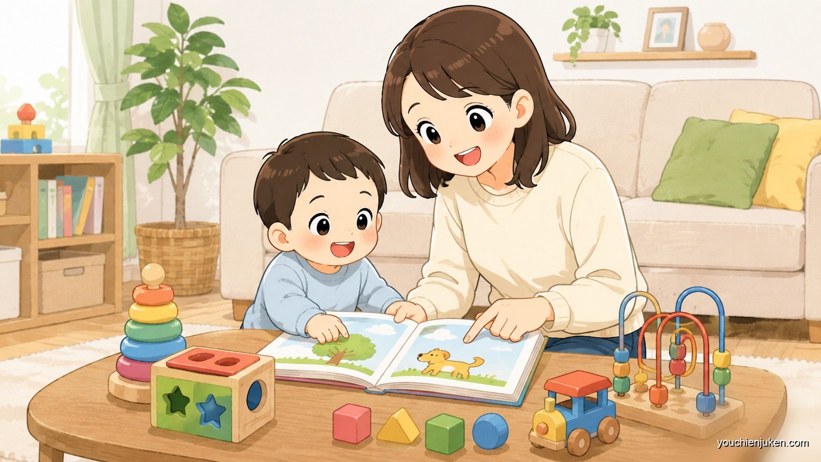 秋田大学附属幼稚園の受験に向けて家庭学習をする親子