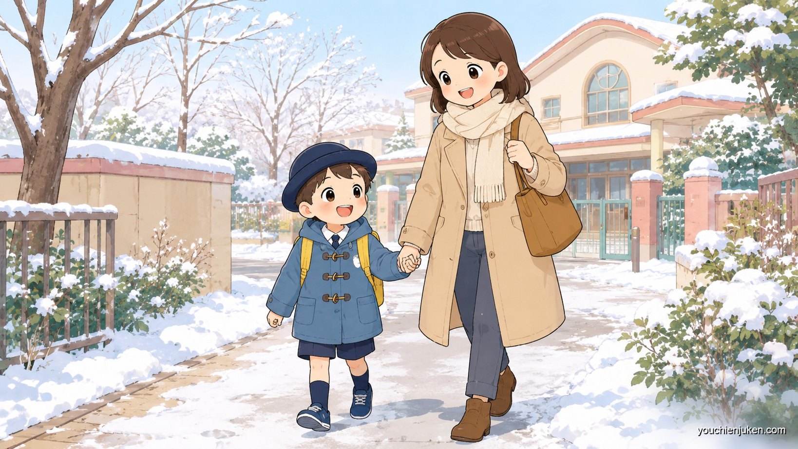 雪道を歩いて秋田大学附属幼稚園に通園する親子