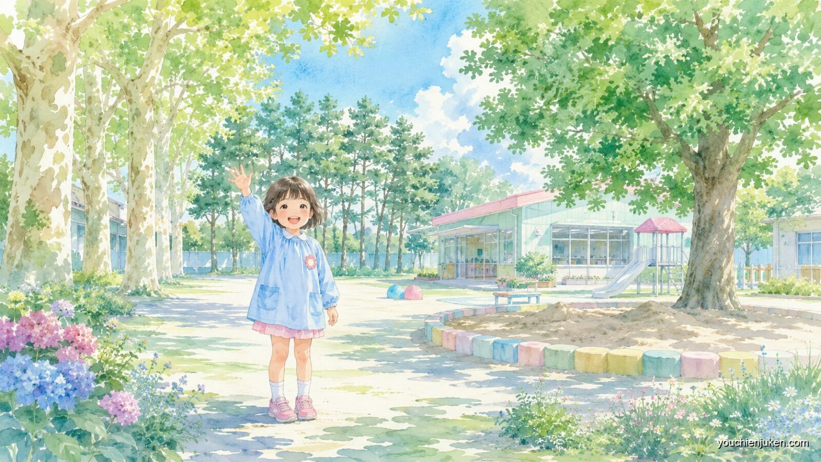 千葉大学教育学部附属幼稚園の園庭で手をふる子ども