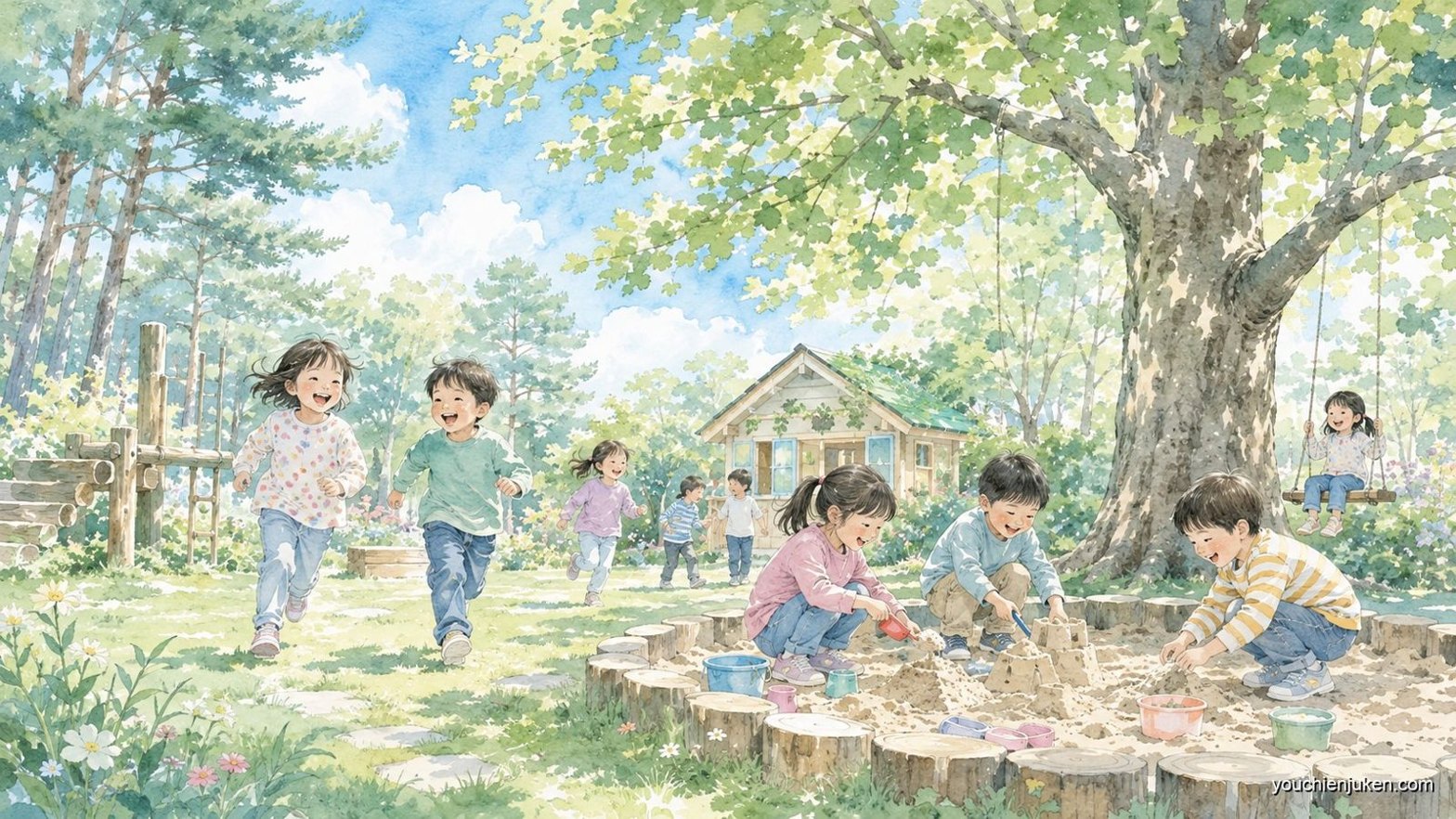 千葉大学教育学部附属幼稚園の園庭でのびのび過ごす子どもたち
