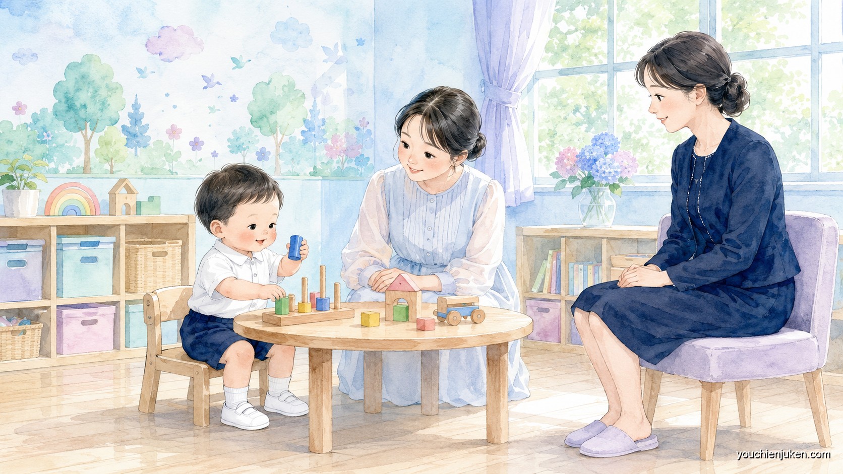 千葉大学教育学部附属幼稚園の選考をイメージした親子と先生