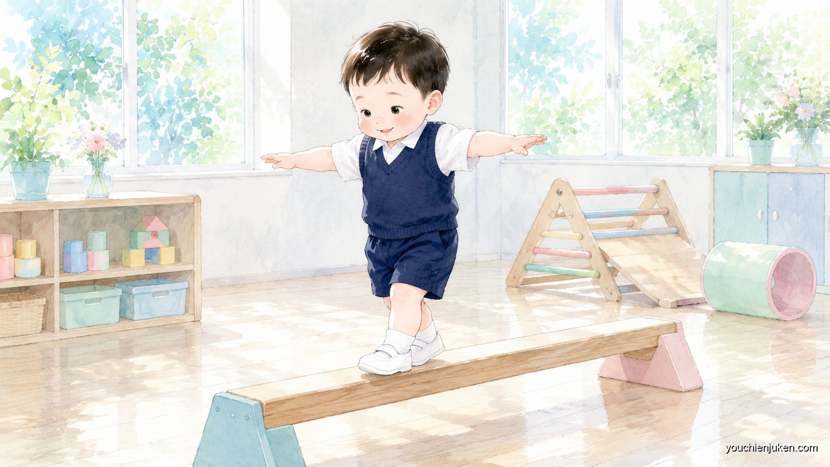 白いポロシャツと紺のニットベスト、紺のハーフパンツを着た男の子が平均台を渡っているイラスト