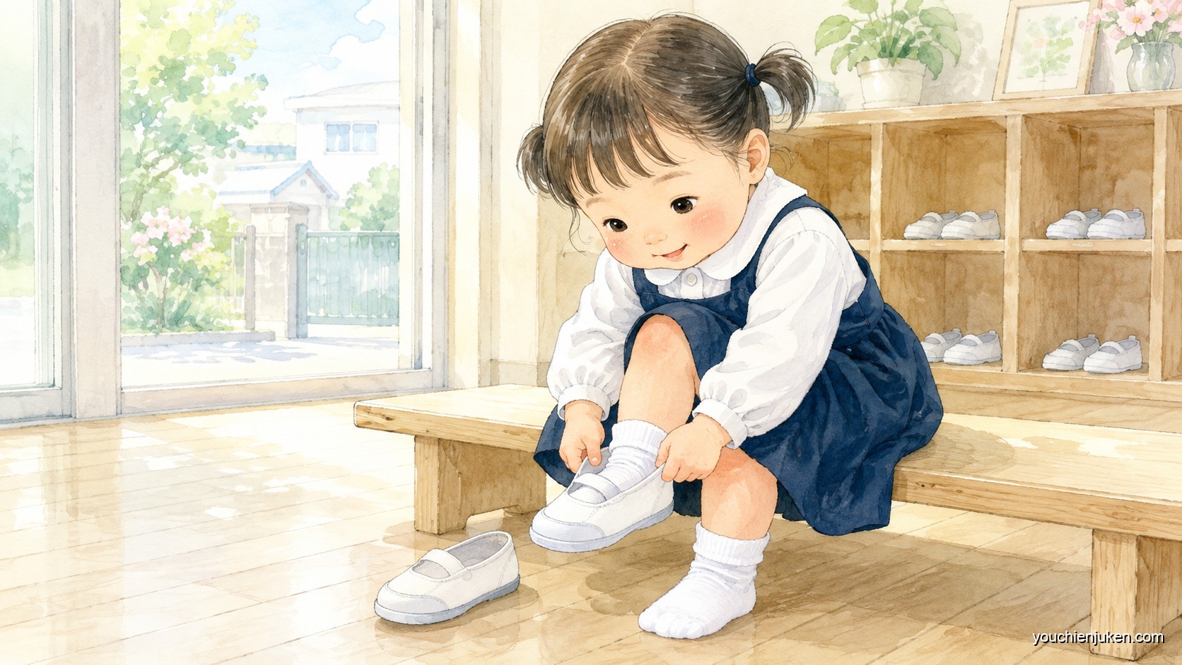 白い丸襟ブラウスと紺のジャンパースカートを着た女の子が、自分で上履きを履き替えているイラスト