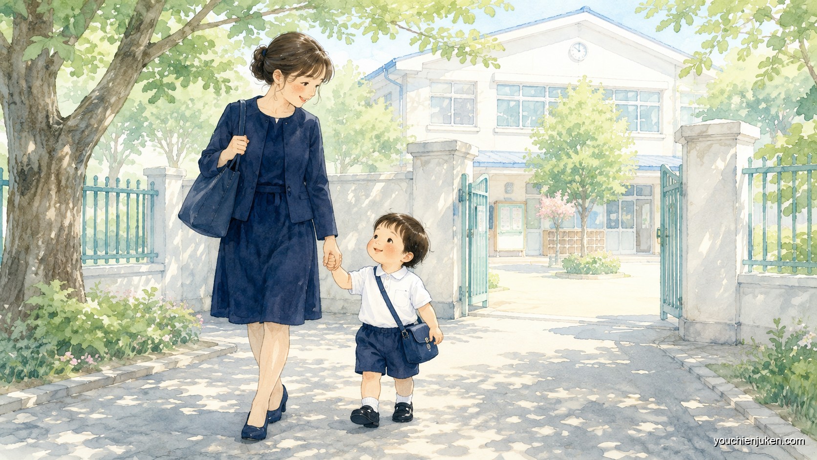 本番と同じ服を着て、母親と手をつないで幼稚園の見学会へ向かう子どものイラスト