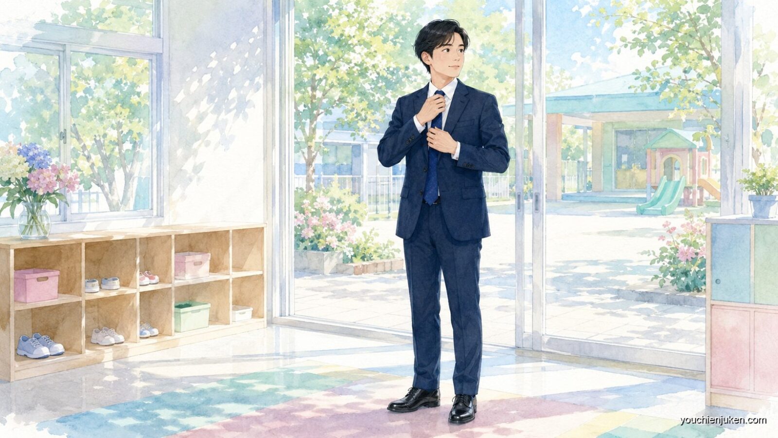 幼稚園受験の面接にふさわしい父親の濃紺スーツ姿