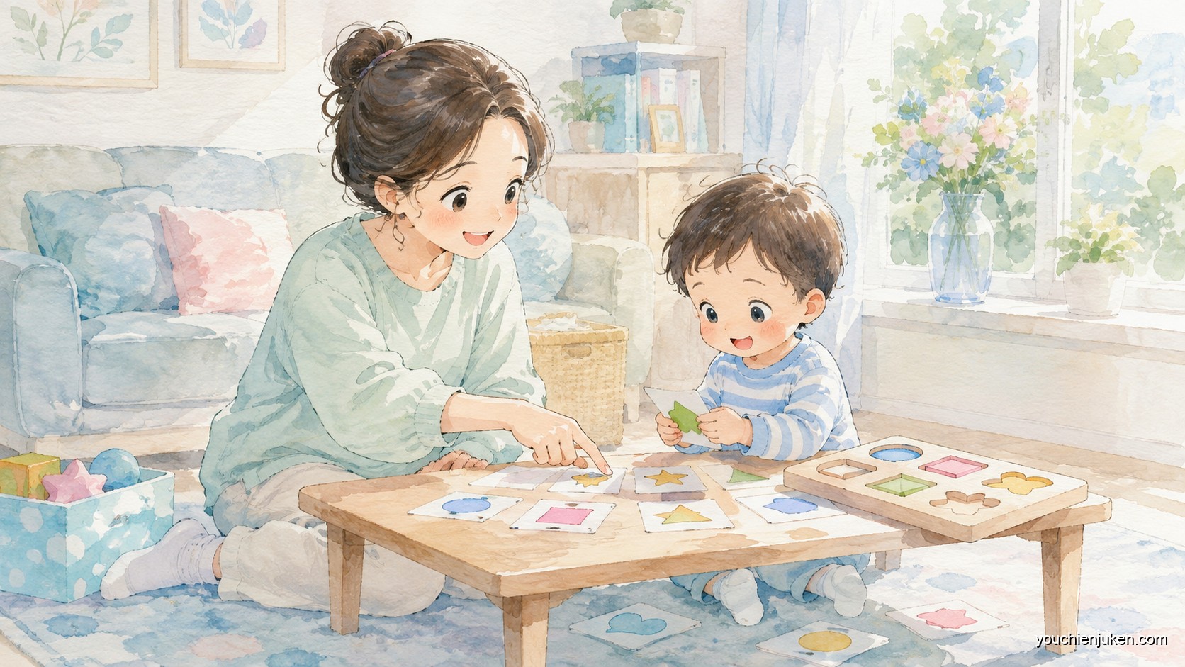 家庭で愛媛大学教育学部附属幼稚園の受験準備に取り組む親子