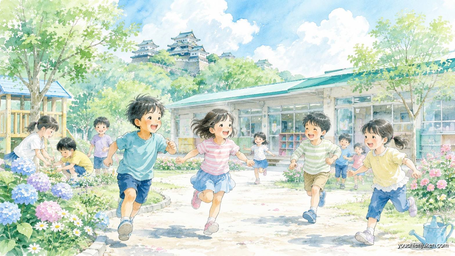 愛媛大学教育学部附属幼稚園の園庭でのびのび過ごす子どもたち