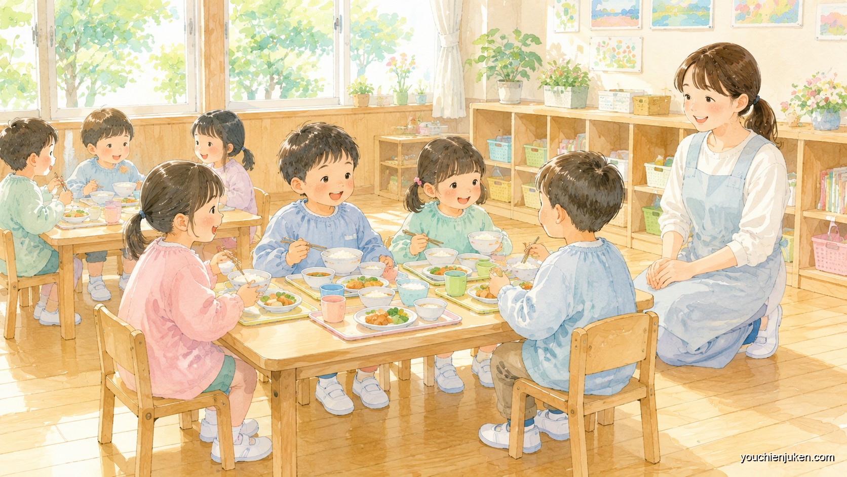 給食を楽しむ園児たち