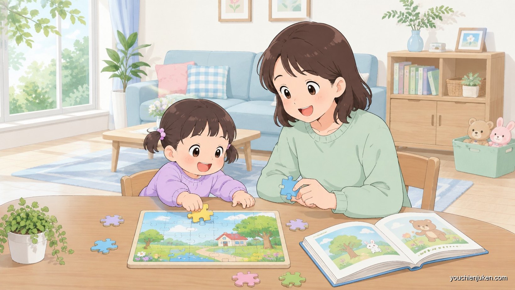 家庭で幼稚園受験の準備に取り組む親子