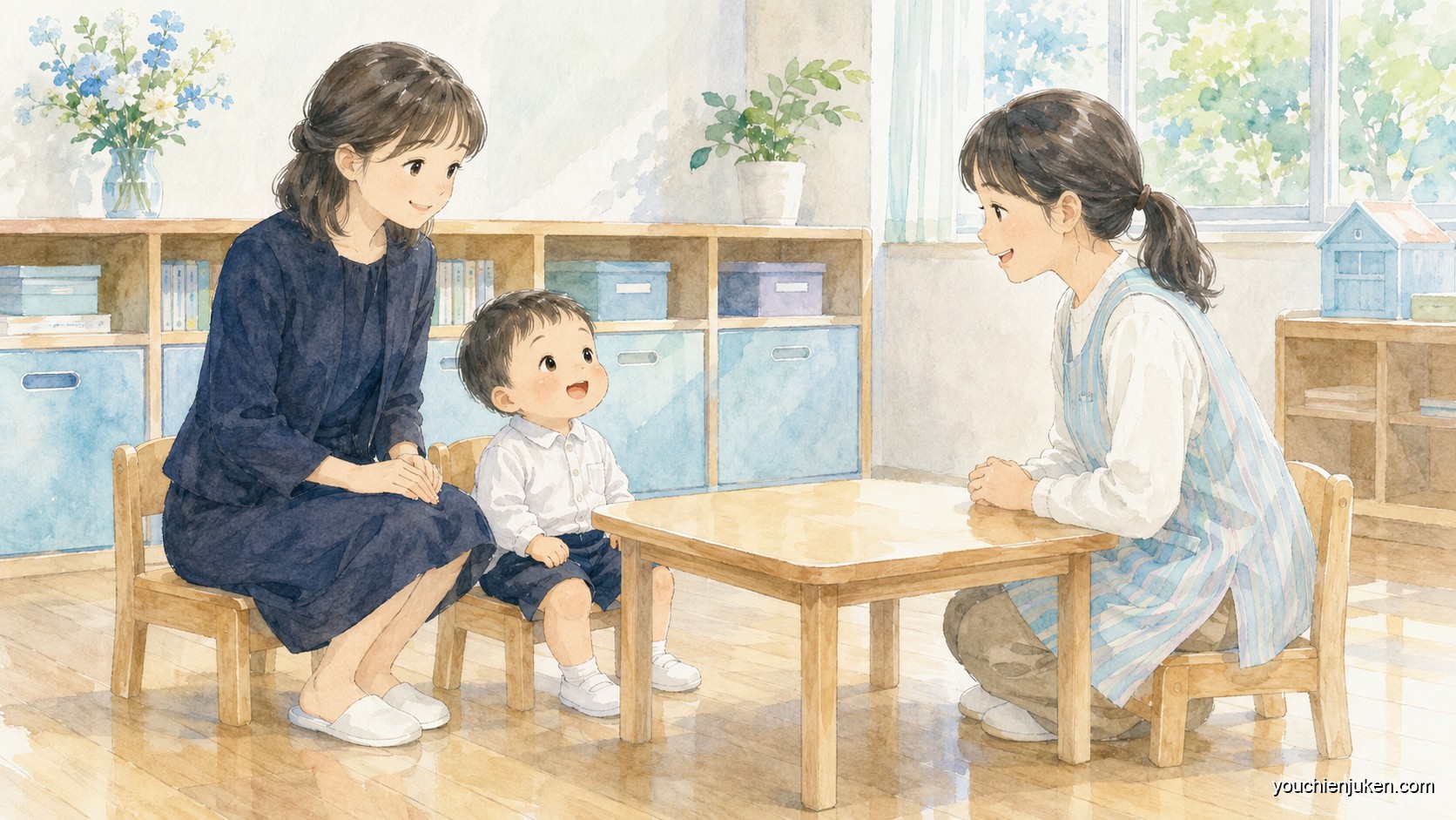 群馬大学共同教育学部附属幼稚園の選考をイメージした親子と先生