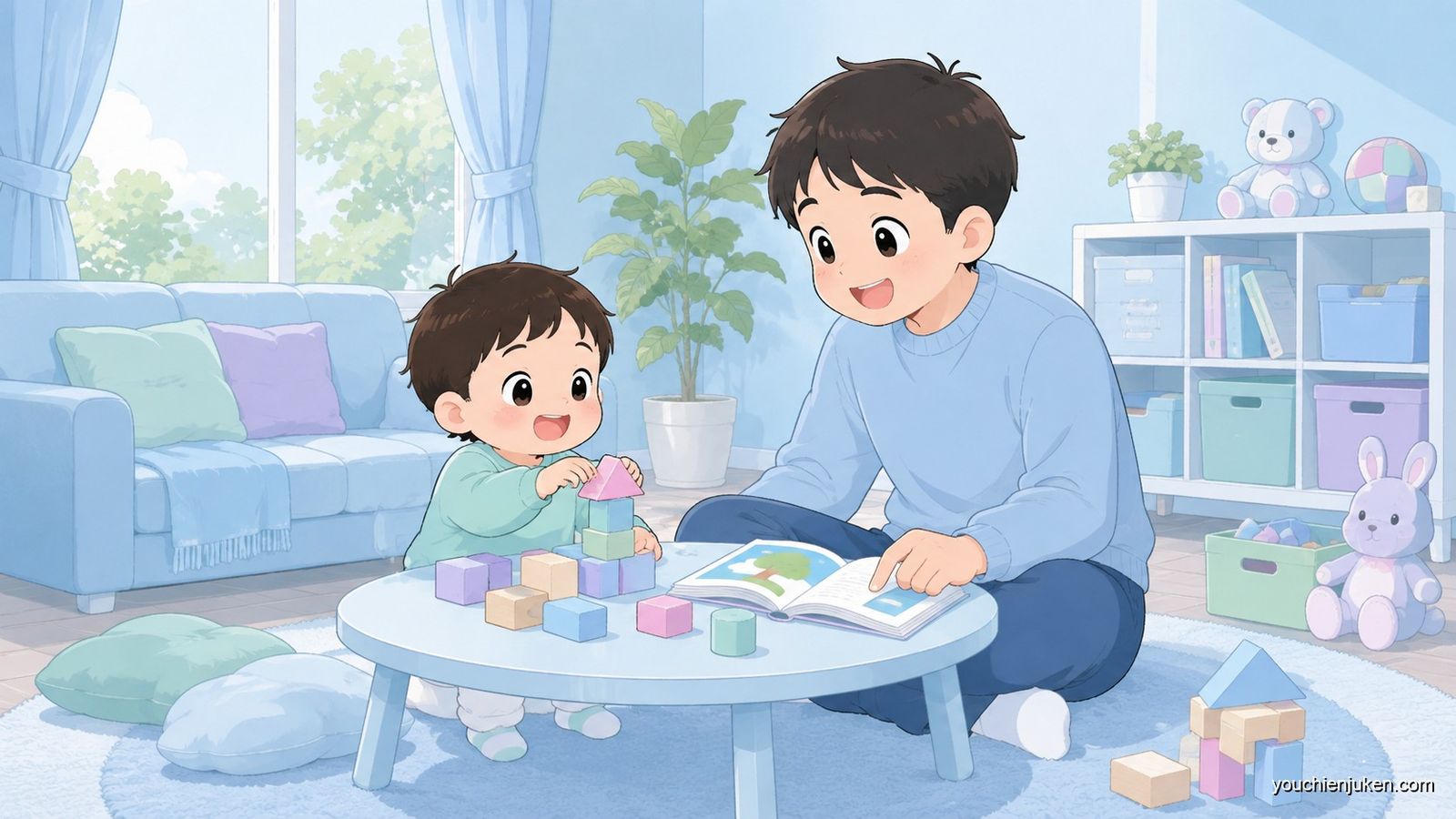家庭で幼稚園受験の準備に取り組む親子