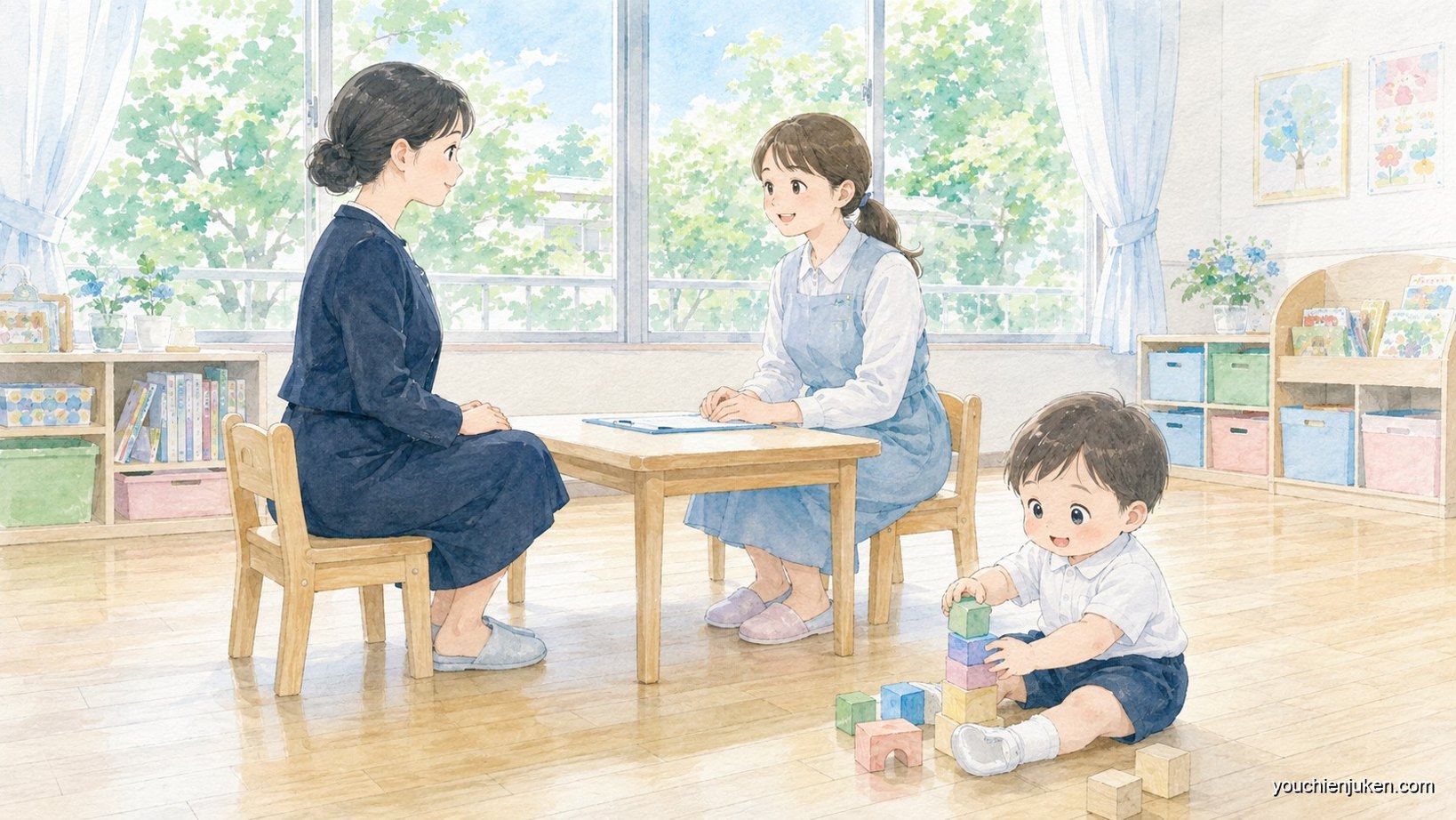 茨城大学教育学部附属幼稚園の選考をイメージした親子と先生
