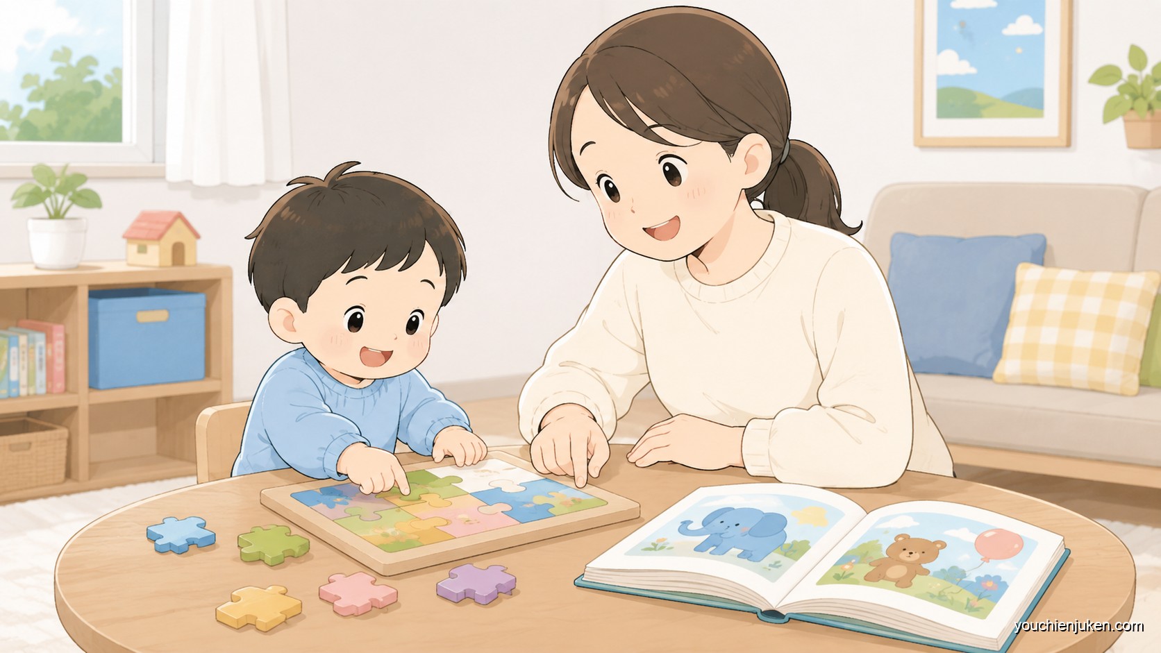 家庭で幼稚園受験の準備に取り組む親子