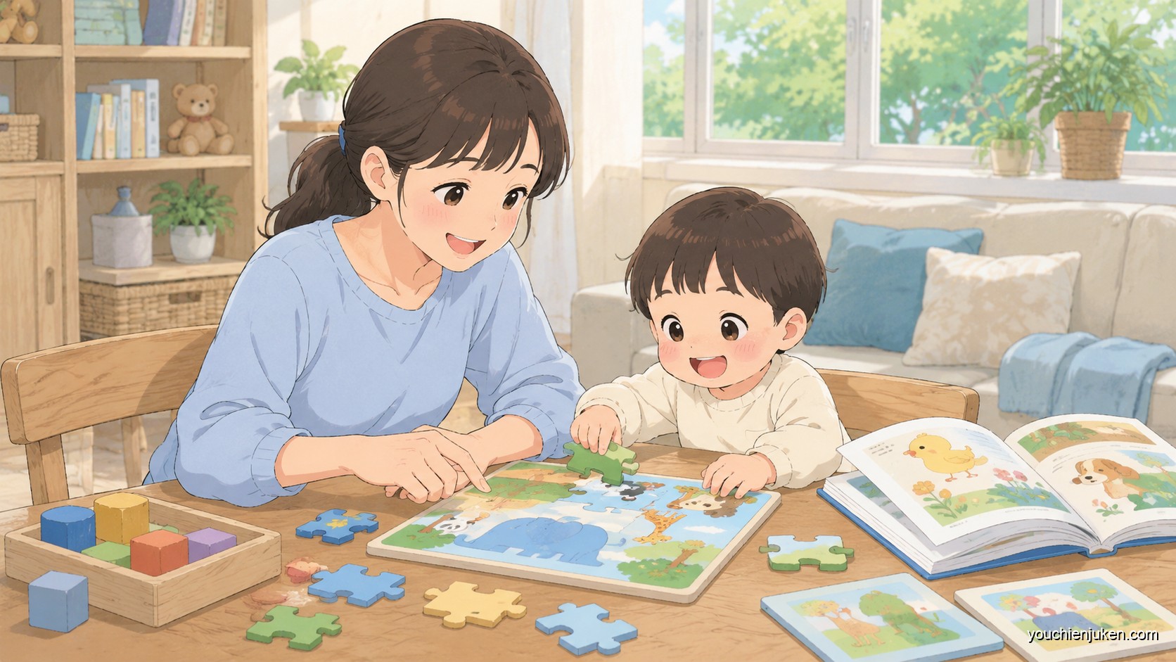 家庭で香川大学附属幼稚園高松園舎の受験準備に取り組む親子