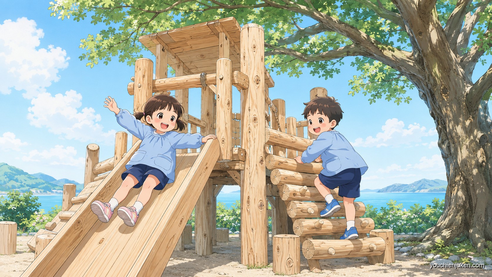 香川大学附属幼稚園高松園舎の木製遊具でのびのび遊ぶ子ども