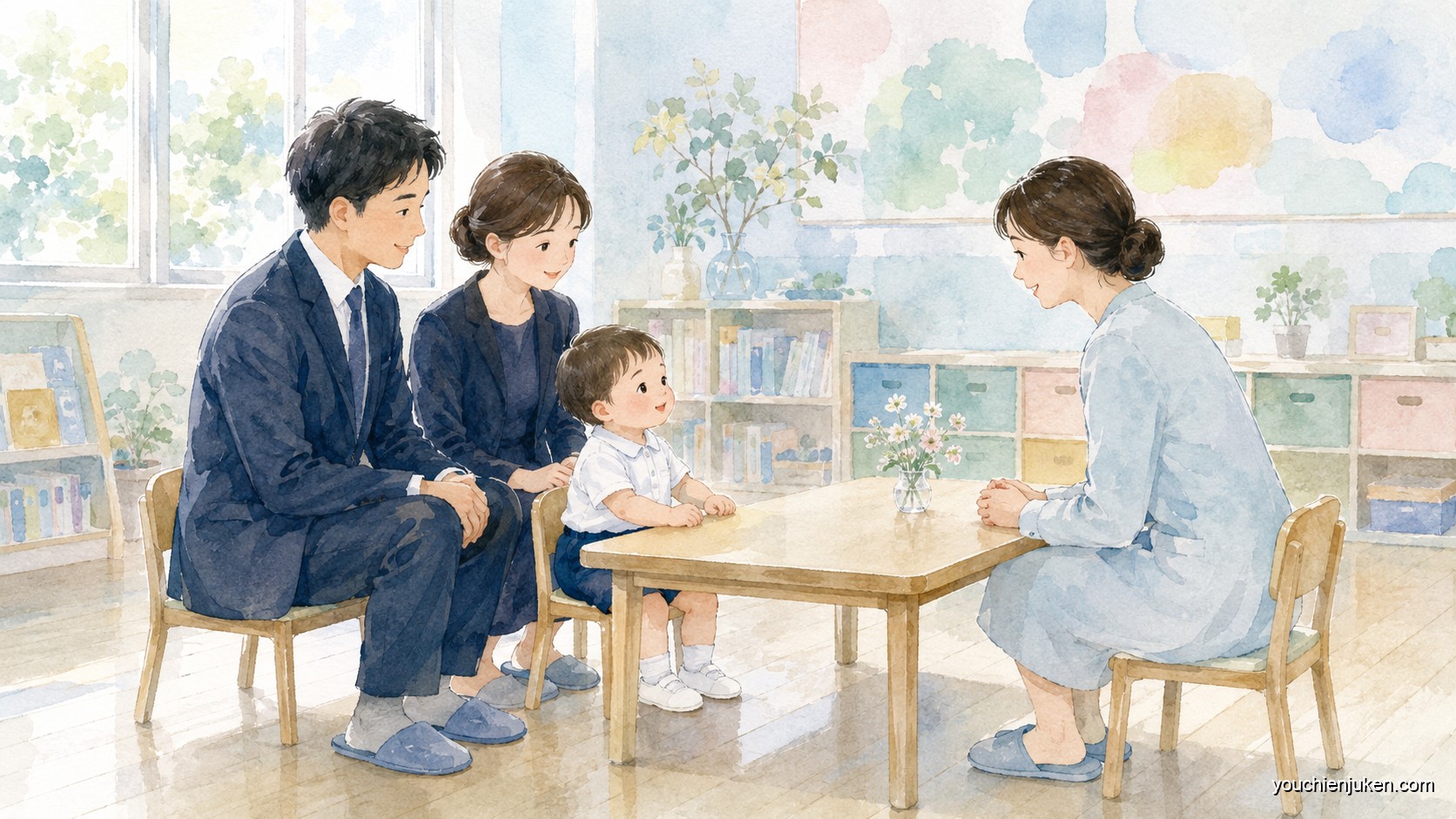 鹿児島大学教育学部附属幼稚園の選考をイメージした親子と先生