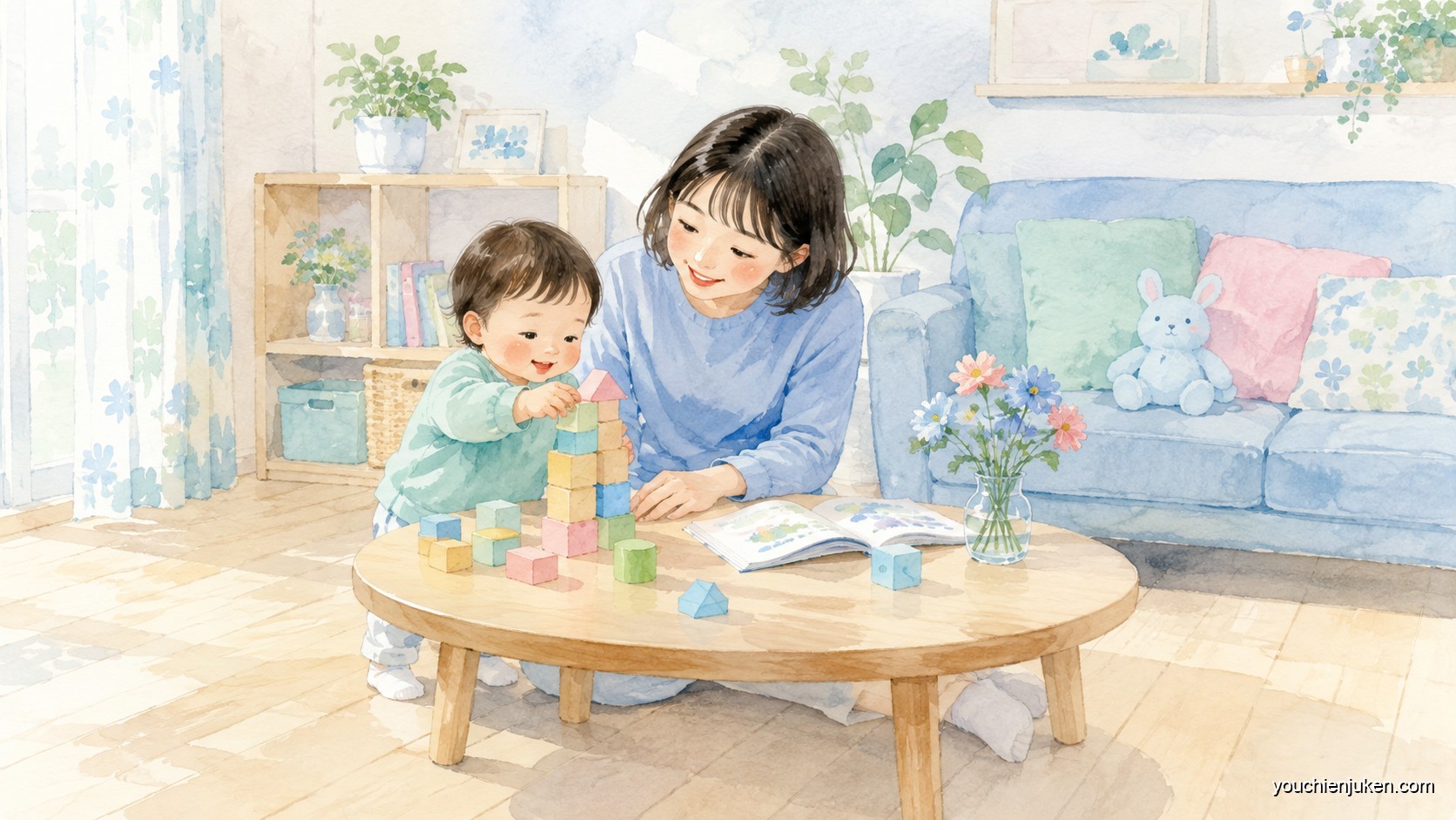 自宅のリビングで親子が一緒に取り組む家庭学習の場面