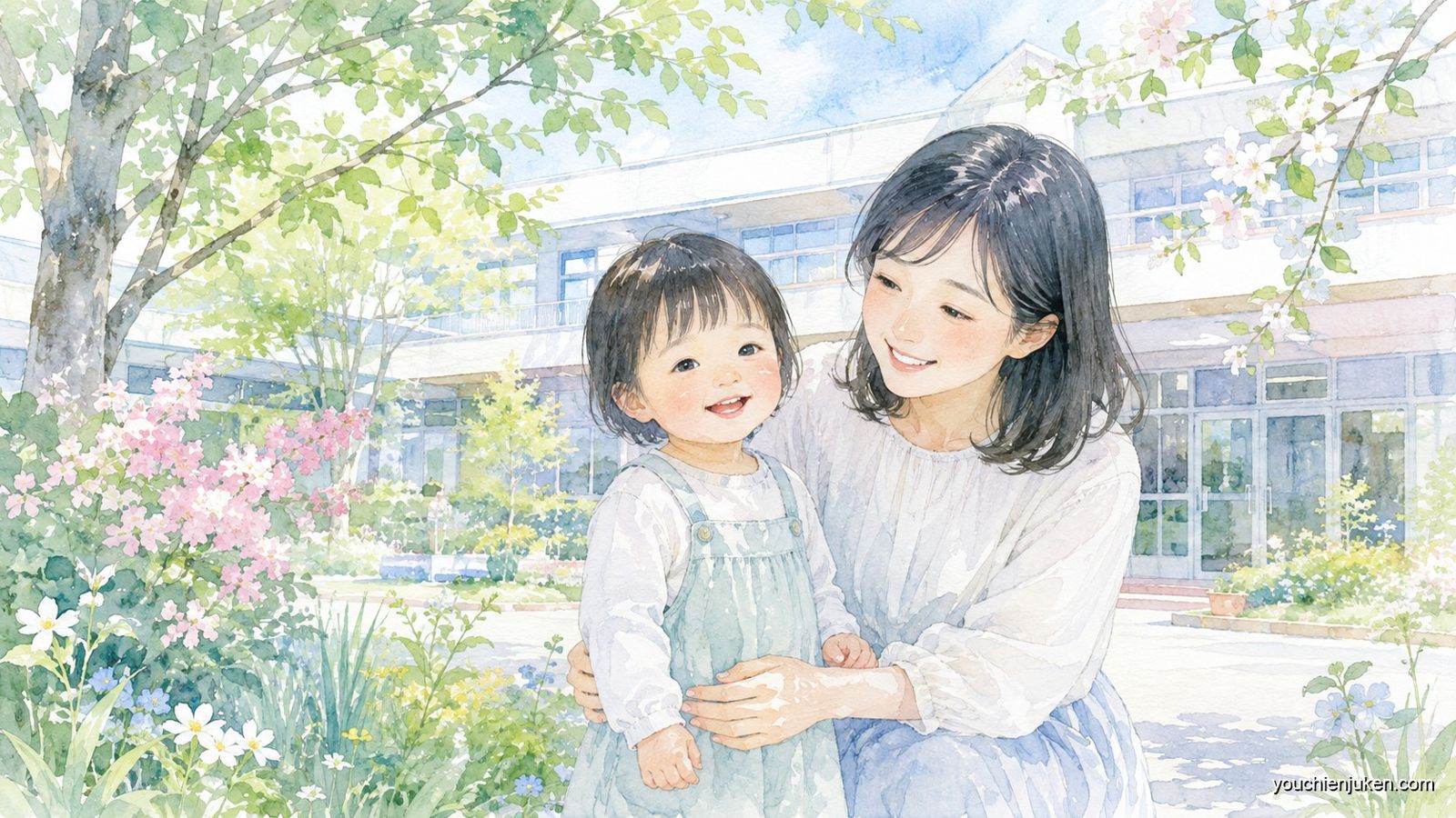 受験を終えて笑顔で園庭に立つ神戸大学附属幼稚園の親子