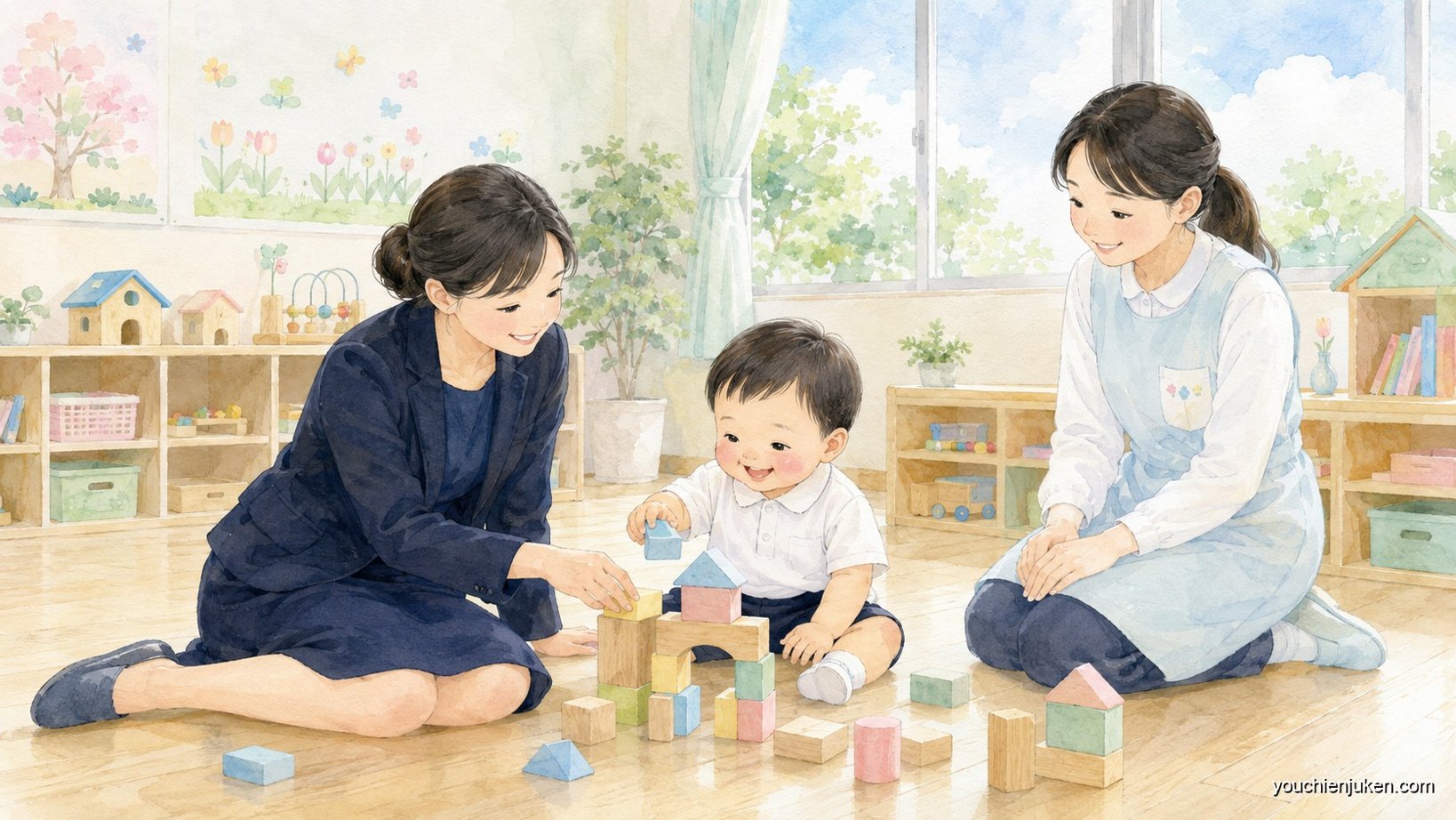 親子で一緒に取り組む考査の場面。先生が子どもの様子を見守る