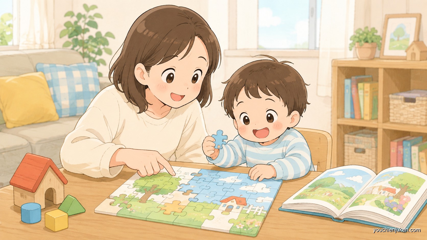 家庭で幼稚園受験の準備に取り組む親子