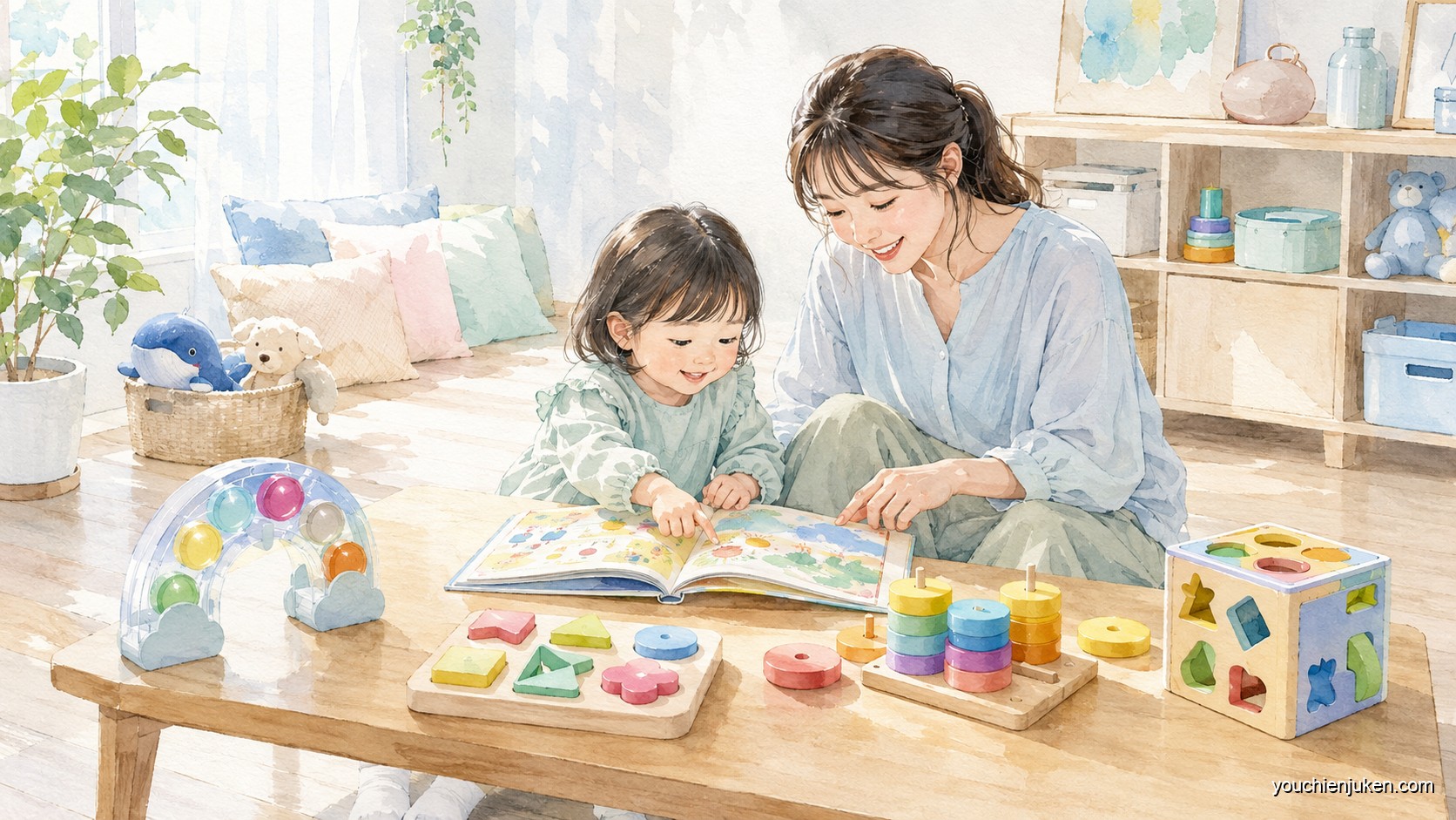 こどもちゃれんじの絵本とエデュトイを親子で見るイメージ