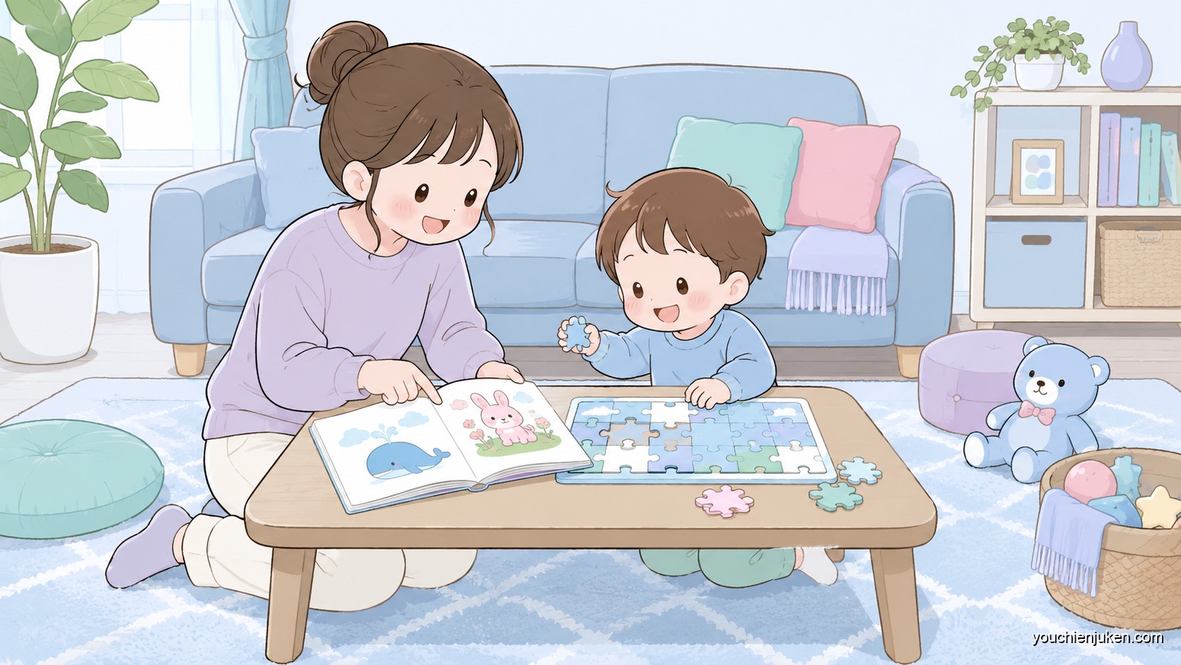 家庭で幼稚園受験の準備に取り組む親子
