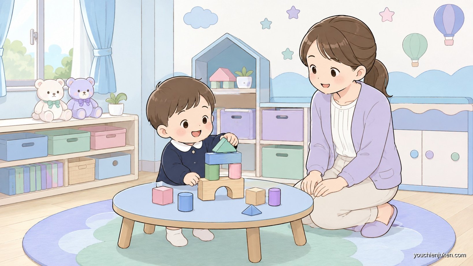 熊本大学教育学部附属幼稚園の選考をイメージした親子と先生