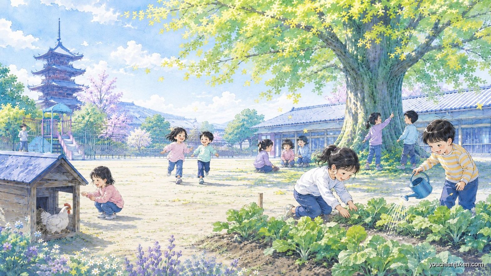 京都教育大学附属幼稚園の園庭でのびのび遊ぶ子ども